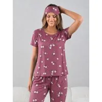 Elegant Love Pyjama Damen-Schlafanzug-Set mit Blumenmuster – Bequeme Nachtwäsche (Set, 3 tlg., mit T-Shirt, langer Hose & Schlafmaske) Stilvolle Loungewear & besondere Homewear für alle Jahreszeiten