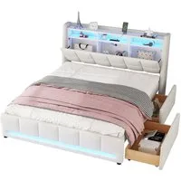 Flieks Polsterbett, APP-Fernbedienung-LED Doppelbett 140x200cm mit Schubladen Ladefunktion