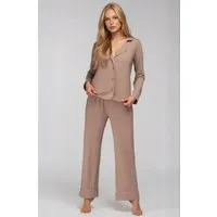 Mademoiselle Sommeil Pyjama Damen Schlafanzug aus EcoVero™ Viskose in edlem Mocca Langarm-Hemdbluse & lange Hose, fließend weich, gefertigt in Polen