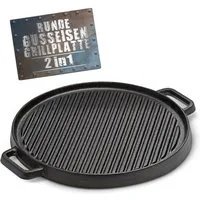 BBQ Boss Grillplatte Runde Grill Gussplatte 2 in 1 Gusseisern Ø 29,5cm, 2-in-1 Wendeplatte mit geriffelter und glatter Seite