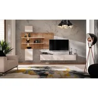 ASM-Moebel Wohnwand Wohnzimmer Schrankwand GUSTO PW B mit Led B. Push - Click, Mit Led Beleuchtung, Push-Click System und Lamellen Optik