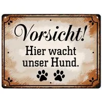 speecheese Metallschild Vorsicht Hier wacht unser Hund Metallschild XL in 21x28 cm