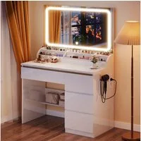 HOMALL Schminktisch Schminktisch mit 80 cm Spiegel und LED-Beleuchtung (Abmessungen: 80 × 40 × 137 cm Mit vier Schubladen und sechs Staufächern Drei einstellbare Farbtemperaturen Zwei USB-Ladeanschlüsse, zwei Netzsteckdosen und eine Halterung für ein