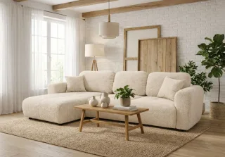 Ecksofa mit Schlaffunktion BRUSK MAX in Stoff Pop Creme Ottomane Links