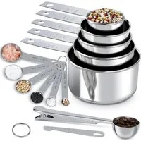 AIMAX Messlöffel Messbecher und Löffel Edelstahl 13 Set, Edelstahl, 5 Messbecher, 6 Messlöffel, Messlineal, dosierlöffel Clip