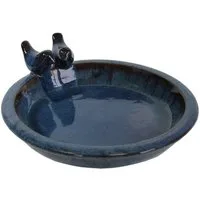 colourliving Vogeltränke für den Garten "Noble" mit 2 Deko-Vögel, 30 cm antik-blau Keramik, handbemalt, jede ein Unikat, leicht zu reinigen