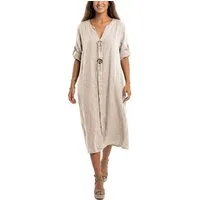dy_mode Hemdblusenkleid Damen Leinenkleid Midi Hemdblusenkleid mit V-Ausschnitt Freizeitkleid in Unifarbe, V-Ausschnitt, mit seitlichen Eingriffstaschen
