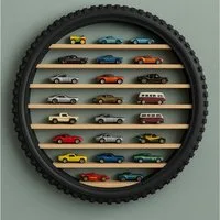 Jungengel Sammlerauto Wandregal Reifen Holz für Spielzeugautos Sammlerkasten Auto Regal Deko, (1-tlg., 1-tlg. Set bestehend aus einem handgefertigten Wandregal), Platz für ca. 30–50 Spielzeugautos, Platz für ca. 30–50 Spielzeugautos