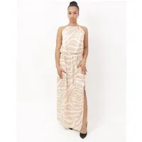 Elara Maxikleid Damen Maxikleid mit Animalprint, Neckholder-Ausschnitt und Beinschlitz (1-tlg) ohne Details