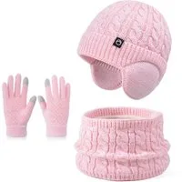 Coonoor Mütze & Schal Kinder-Wintermütze, Schal und Handschuhe, warme Thermo-Strickmütze (mit Ohrenschützern), Halswärmer, Touchscreen-Handschuh