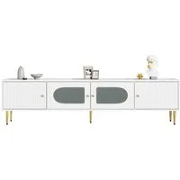 BlingBin TV-Schrank TV-Board,TV-Unterschrank (1er Set, 1-St., 170*35*50cm TV-Schrank,2Türen mit Vertikalrillen,2 Türen mit Bogenglas) Weißer Korpus mit Goldenen Beinen & Griffen, 35KG Tragkraft,TV-Schrank