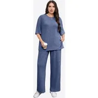 Imily Bela Hausanzug Damen Freizeitanzug 2-teilig in Übergröße (Set, 2 tlg., Rippstrick-Oberteil + Palazzo-Hose) in Unifarbe