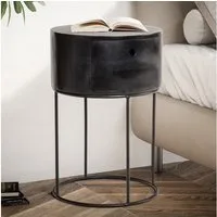 FINEBUY Nachttisch FB56320 Nachtkonsole rund Massivholz Schwarz Schublade Industrial (Mango Massivholz 40x40x60 cm, Boxspringbett), Nachtkonsolen Schublade, Nachtkästchen Stauraum