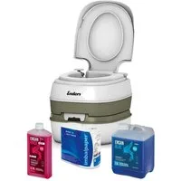 Enders® Campingtoilette Deluxe Blue Set, (Spar-Set, 0,75L RINSE + 2,5L BLUE + 4 Rollen selbstauflösendes Toilettenpapier), Kolbenpumpe, farbige Füllstandsanzeige, integrierte Transportrolle