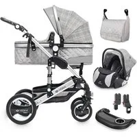 VESKA Kombi-Kinderwagen 3in1 inkl. Babyschale, Buggy, Jogger, mit Wickeltasche, Ess&Spieltisch, Moskitonetz, Regencover, Autoschale Fußsack, Aluminiumrahmen