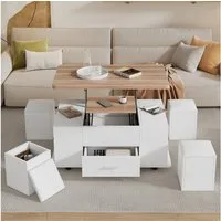 Merax Couchtisch 4-in-1 höhenverstellbarer Sofatisch mit ausklappbarer Tischplatte (1-St., wandelbar vom Sofatisch zum Esstisch), Wohnzimmertisch mit Schublade,4 Hockern,Stauraum & Rollen,100x50x45cm
