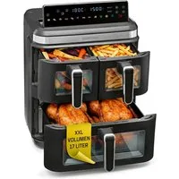 GOURMETmaxx Heißluftfritteuse GOURMETmaxx Heißluft-Fritteuse 3000W schwarz/ Edelstahl 17l 3 Frittierkammern mit Sichtfenster, 3000 W, Heissluftfritteuse LED-Klapp-Touchdisplay - Air Fryer mit Sichtfenster