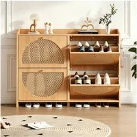 STILVORA Schuhschrank in Naturholzfarbe Schuhregal Schuhkipper mit 8 Fächern und Haken (Schuhschrank, 120×24×90cm, MDF, Rattan-Türen, Naturholz, 8 Fächer, 2 Haken, Klapptüren, hohle Basis, stabil 30kg) für Flur, Wohnzimmer, Büro, Eingangsbereich, kle