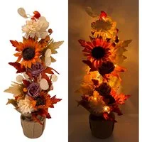 Online-Fuchs Dekobaum mit LED-Lichterkette, Blumen und Laubblättern - Herbstdeko (mit Sonnenblumen, Dahlien & Pfingstrosen, 60 cm hoch), inklusive praktischer 6-Stunden Timerfunktion