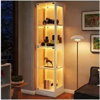 Flieks Glasvitrine Eckvitrine mit LED-Beleuchtung und Doppeltüren aus gehärtetem Glas (1-St., 40x35x170 cm) Standvitrine Eckschrank Hochschrank Sammlervitrine mit 4 Fächern Weiß