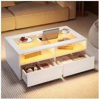 Merax Couchtisch Wohnzimmertisch Beistelltisch mit LED-Beleuchtung (100×50×35 cm, 1-St., zweistöckigem Design & modernem Look), Sofatisch mit gehärteter Glasplatte, 2 Schubladen & offenem Stauraum