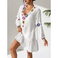 MOPUEA Strandkleid Strandkleid Damen Boho Tunika V Ausschnitt Häkelspitze Große Größen (1-tlg) Bikini Cover Up Mit Häkelblumen Volantsaum Strandtunika Sommerkleid