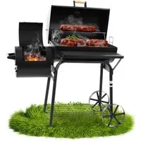 Hecht Smoker Grillwagen Holzkohlegrill XXL mit Thermometer 2 Brennkammern, mit Deckel, Porzellanbeschichtet