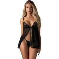 Obsessive Negligé Blomentis Babydoll und String - schwarz (2-tlg) mehrstufiger Verschluss und verstellbare Träger
