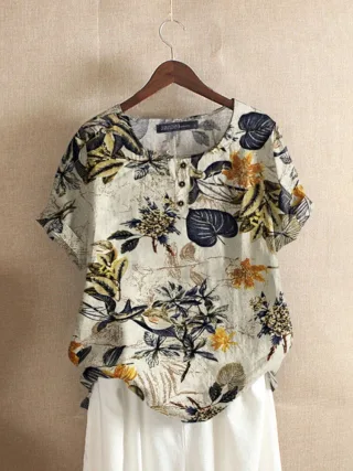 ZANZEA Plus Size Women's Shirt Cotton Linen Printed Casual Short Sleeve O Neck Loose Blouse Summer Daily Top for Women