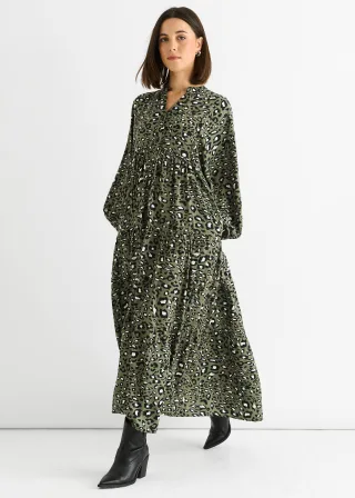 Khaki Viskose Tier Oversized Smock Maxikleid