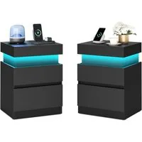 VASAGLE Nachttisch mit Steckdosen, Schiebedeckel, 2 Schubladen und LED-Beleuchtung, moderner Beistelltisch, 1er/2er Set