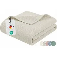 Wohndecke Musselin Decke 150 x 200 100% Baumwolle Kuscheldecke Tagesdecke Plaid, Carpe Sonno, OEKO-TEX Musselindecke für Sofa Couch Wohnzimmer Bett - Leinen
