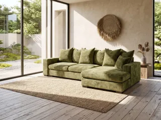 Ecksofa mit Schlaffunktion BENICIO Sofa in Stoff Flow Olivgrün Ottomane Rechts