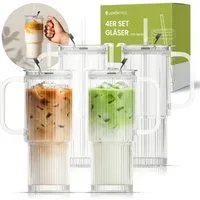 Lemontree Gläser-Set Glasbecher mit Deckel und Strohhalm 2er Set – 760ml Trinkgläser, 4-tlg., Borosilikatglas, Geriffelte Trinkgläser mit Deckel – auslaufsicherer Smoothie Becher