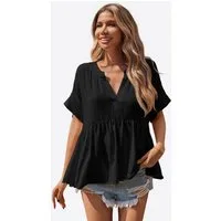 Imily Bela Rüschenbluse Damen V-Ausschnitt geraffter Saum Lässig Sommer Oberteil aus Baumwolle (Packung, 1-tlg., 1per-Pack) Kurzarm in Unifarbe