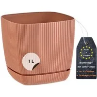 Engelland Blumentopf Pflanztopf mit Drainagesystem & Untersetzer (12 x 12 cm, 1 Liter, 1 St., robuster PP-Kunststoff), eckig, Rillenoptik, UV-resistent, direkte Bepflanzung