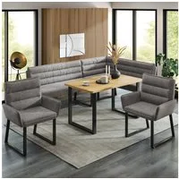 Flieks Essgruppe Eckbankgruppe Sitzgruppe Esszimmerset, (Set, 4-tlg., Sitzbezug aus Chenillestoff, rechteckige Tischplatte in Holzoptik), 1 Ecksofa/Eckbank & 2er Esszimmerstühle & 1 Esstisch, grau & natur
