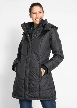bonprix Long-Steppjacke wattiert mit Kragen und Kapuze, schwarz, Gr.38, Funktionale figurumschmeichelnde Long-Steppjacke mit abnehmbarer Kapuze