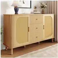 Merax Sideboard mit Metallbeinen in Holzmaserung, Abgerundetes Design (Für Wohnzimmer & Esszimmer, 1 St., Stauraum & praktischer Kabelöffnung), Kommode mit 3 Schubladen, Rattantüren & halbovalen Türen, 140x40x80cm