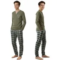 LOREZA Pyjama Jungen Schlafanzug zweiteilig Langarm - Kariert - Grün (Set, 2 tlg)