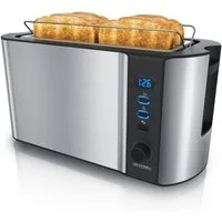 Arendo Toaster Edelstahl, Langschlitz, Display mit Restzeitanzeige, Krümelschublade, 2 lange Schlitze, für 4 Scheiben, 1500 W, Defrost Funktion, Wärmeisolierendes Gehäuse, mit Brötchenaufsatz