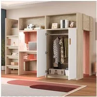 Merax Hochbett mit LED-Beleuchtung und Stauraum (1-St) Kinderbett 90×200cm mit Schreibtisch, Kleiderschrank & Ablageflächen