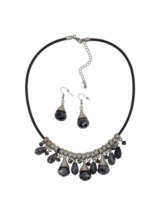 Steuer Modeschmuck Set Collier Ohrschmuck Glasstein Schwarz