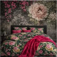 ZIRVEHOME Bettwäsche Baumwolle Bettwäsche-Set Dunkelgrün Florales Blumenmuster, Renforce, 3 teilig, Baumwolle Bettbezug Dunkelgrün mit Blumenmuster Rosa Gelb