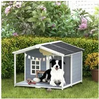 PawHut Hundehütte Erhöhtes Hundehaus aus Holz mit Asphaltdach, Terrasse, Fenster, für mittelgroße Hunde bis 20 kg 103 x 107 x 83,5 cm Grau