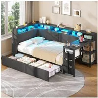 MSMASK Polsterbett mit LED-Beleuchtung, Ladestation & Schreibtisch, Schlafsofa, Daybett, Jugendbett mit 2 Schubladen und 6 Staufächern, 140x200cm