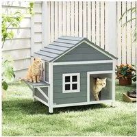 PawHut Tierhöhle Katzenhaus aus Holz mit wasserdicht aufklappbar Dach, Plattform, für 1-2 Katzen bis 5 kg, 101x72,5x81cm, Grau