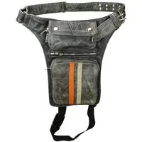 Alpha Speeds Beintasche / Bauchtasche aus echtem Leder Biker/Freizeit mit 2 Streifen in Grau, hochwertiges Echtleder, 3 Frontfächer & 1 großes Rückfach