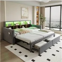 Merax Daybett 90/180×190cm mit LED-Lichtleiste und Ladeanschlüssen (Polsterbett Schlafsofa Sofabett Jugendbett Doppelbett, 1 tlg), Tagesbett mit Ausziehbett, 2 Schubladen & Kopfteil-Staufächern, Samt