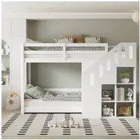 Odikalo Etagenbett Kinderbett Jugendbett 90x200 (Kinder-Etagenbett, Doppelbett, multifunktionales Kinderbett, Mit Treppen und Schließfächern,stabiles Geländer, ohne Matratze, 90*200cm, Weiß)